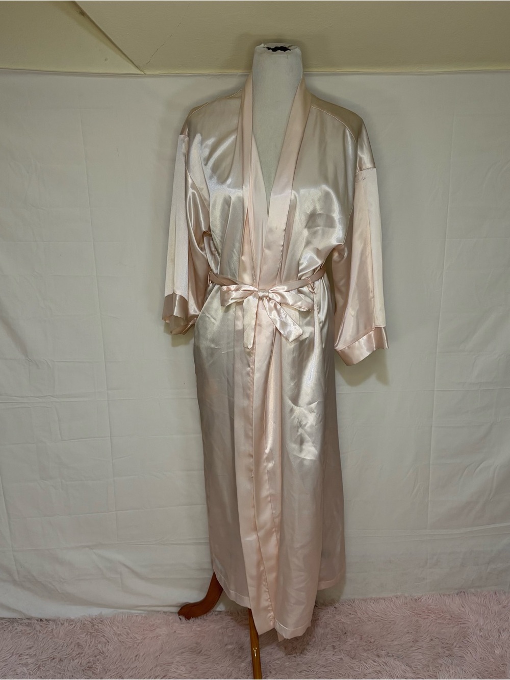 Satin Long Robe in Pale Blush - Elegant Tie-Waist Kimono